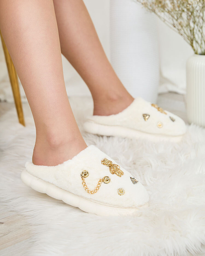 Royalfashion White women's fur slippers with ornaments Erserra