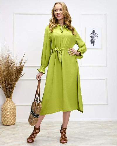 Light green women's long dress with waist tie - Clothing