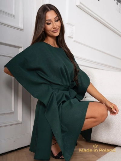 Serena Green Dress with Belt and Kimono Sleeves - Elegance and Comfort