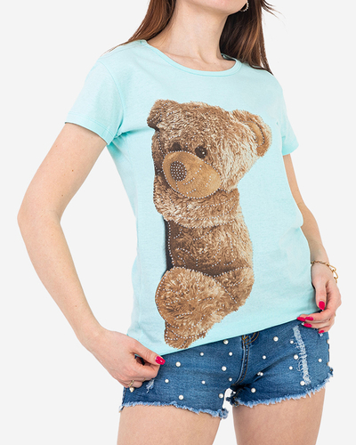 Women's t-shirt in mint color with teddy bear - Clothing