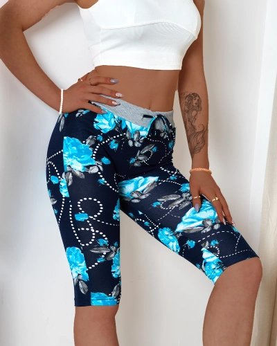 Navy blue women's 3/4 length shorts with blue flowers PLUS SIZE - Clothing