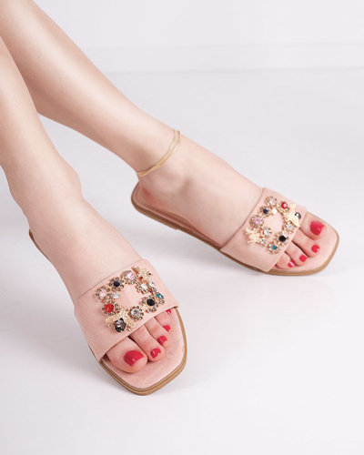 OUTLET Women's pink eco suede slippers with a golden buckle Kom- Footwear