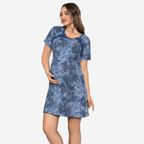 Navy blue maternity and nursing nightgown with flowers - Clothing
