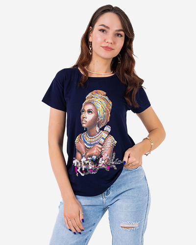 Navy blue women's t-shirt with colorful print and sequins - Clothing