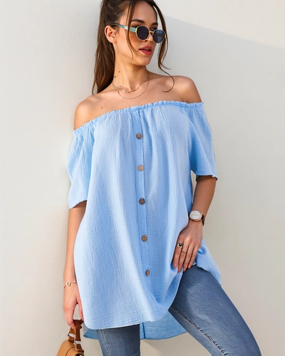 Royalfashion Sieviešu kokvilnas blūze ala spāņu stilā ar dekoratīviem pogām