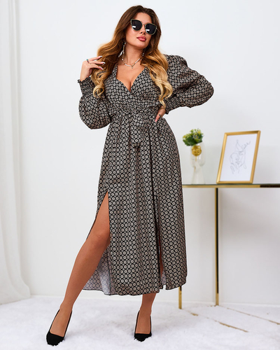 Royalfashion Bēšas un melnas krāsas rakstaina sieviešu maxi kleita