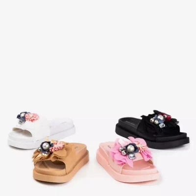 OUTLET Light brown women's slippers with Mistera flowers - Footwear