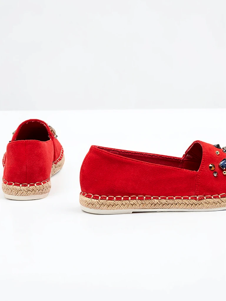 Red women's eco-suede espadrilles with cubic zirconias Mediros - Footwear