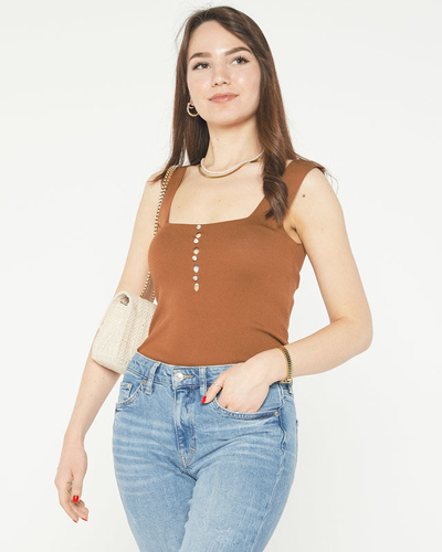 Women's brown top with cubic zirconia a'la buttons- Clothing