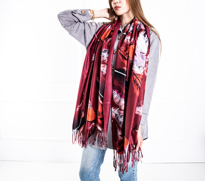 Women's red scarf with a pattern of feathers - Accessories