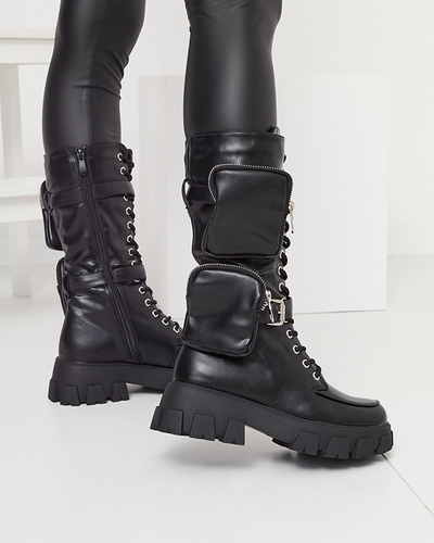 Melni strādnieku zābaki ar dekoratīvām paciņām virspusē Sello- Footwear