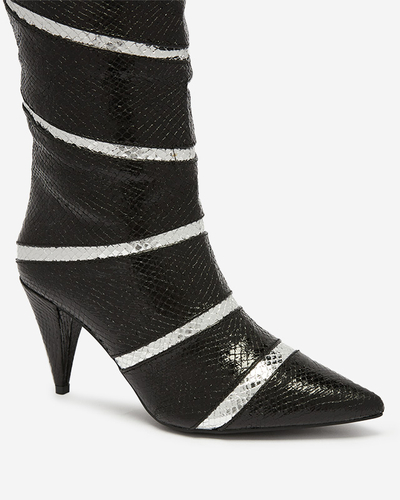 Black and silver women's stiletto heeled boots with embossed stripes Felifea- Footwear