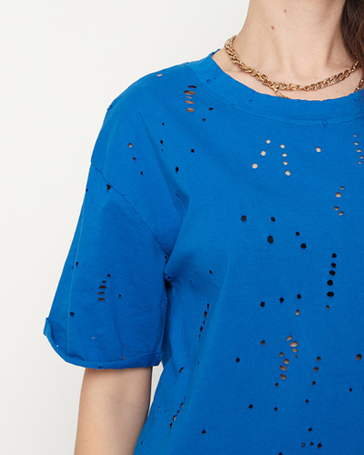 Cobalt cotton women's t-shirt with decorative holes - Clothing