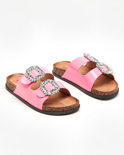 OUTLET Pink women's flip-flops with decorated buckles Olimika - Footwear
