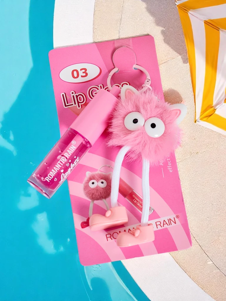 Lip gloss for children with a fluffy monster Dark Pink