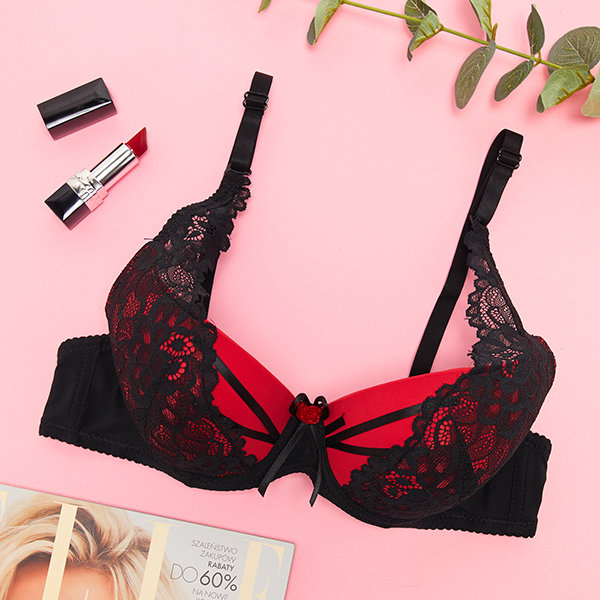Red women's bra with black lace - Underwear