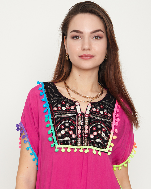 Women's summer tunic with fuchsia-colored fringes - Clothing