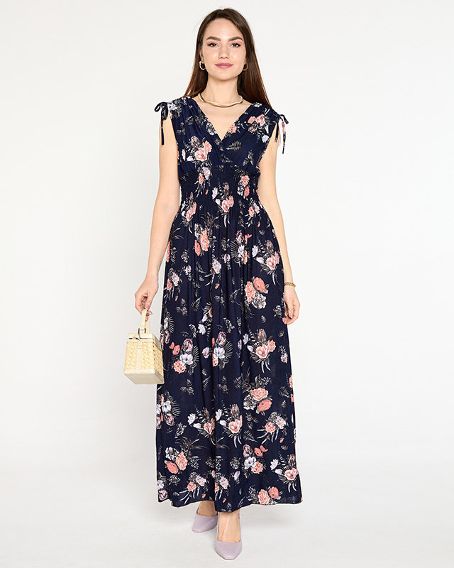 Navy blue women's maxi dress with flowers - Clothing