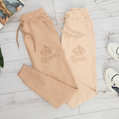 Women's beige sweatpants with cubic zirconia - Clothing