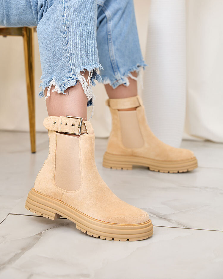 Royalfashion Бежевые женские сапоги с декоративным ремешком Loffdo