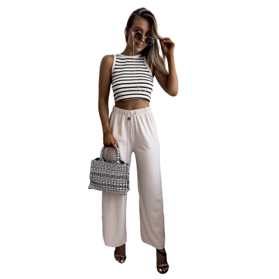 Beige women's wide ribbed pants - Clothing
