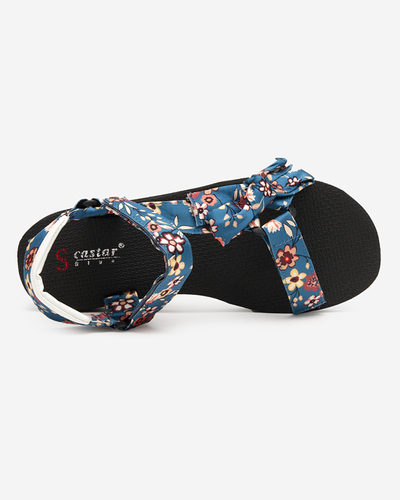 Ladies 'black sandals with blue stripes with Lilien flowers - Footwear