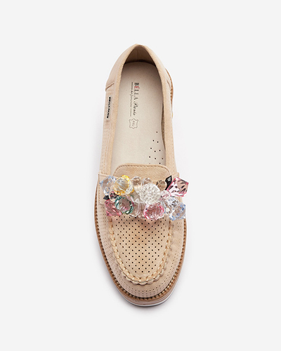 Light brown women's moccasins with decorative crystals Liscutio- Footwear