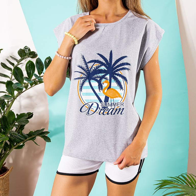 Gray women's cotton t-shirt with print - Clothing