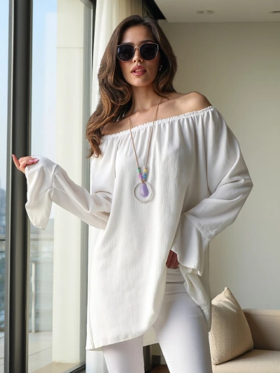 Royalfashion Sieviešu blūze bez plecu izgriezuma ar volāniem