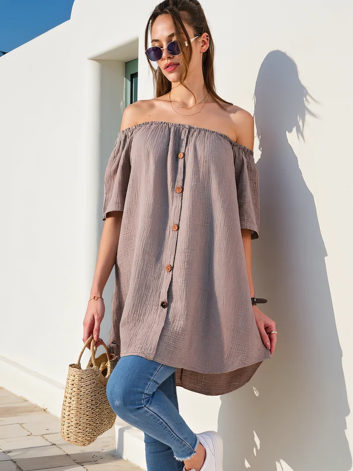 Royalfashion Women's cotton blouse a'la off-the-shoulder with decorative buttons