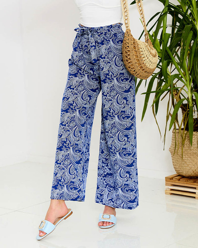 Navy blue women's fabric pants with print- Clothing