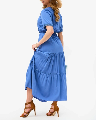 Blue long women's dress with short sleeves- Clothing