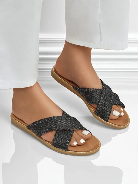 Женские сандалии Calista Nero плоские, черная плетенка, экологическая кожа