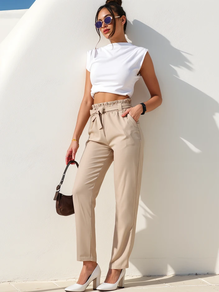 Royalfashion Vienkārši sieviešu auduma bikses ar jostu