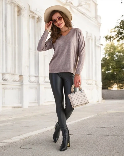 Royalfashion Brown and gray women's sweater with heart neckline