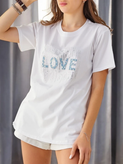 Royalfashion Women's Cotton T-shirt LOVE with rhinestones