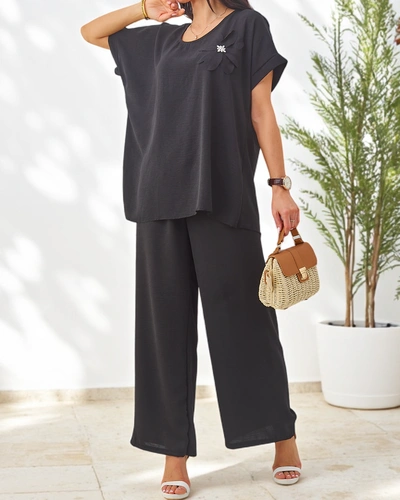 Royalfashion Women's set with short sleeves, decorative flower, and wide pants