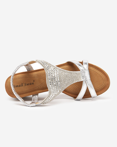 Silver women's sandals with cubic zirconias on a wedge Amuni - Footwear