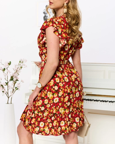 Red and yellow short women's print dress - Clothing