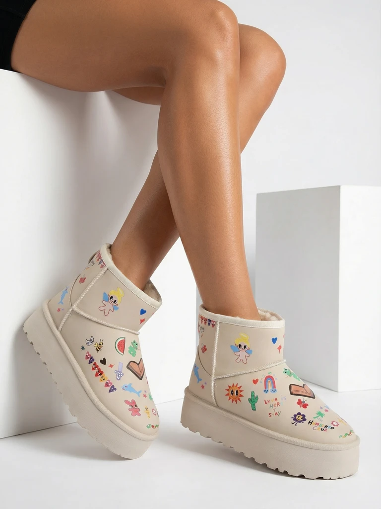 Lemuria Boots - Cream Doodle Snow Boots on a Thick Sole Furrini