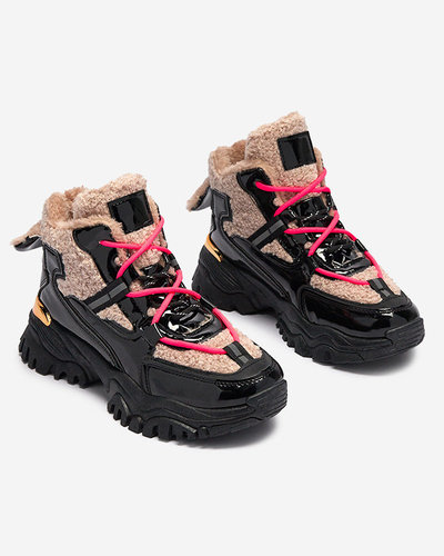 Melni sieviešu sporta apavi ar kažokādu un neona rozā šņorēm Adbo- Footwear