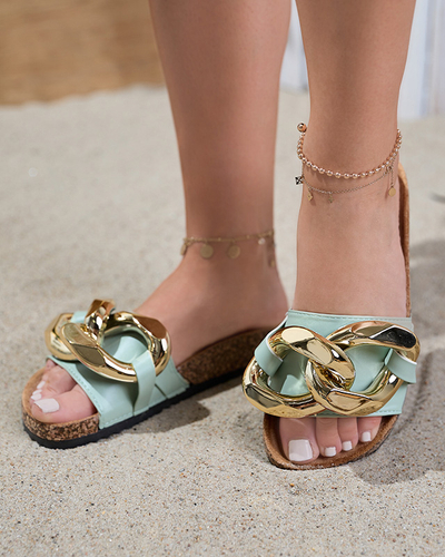 Thalia Royalfashion women's green sandals with a chain on a flat sole