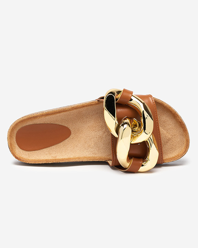 Ladies' brown slippers with decoration at Fixci- Footwear
