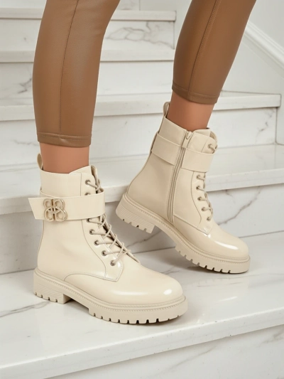 Beige Ariadne eco-leather ankle boots with a zipper, round toe, stylish