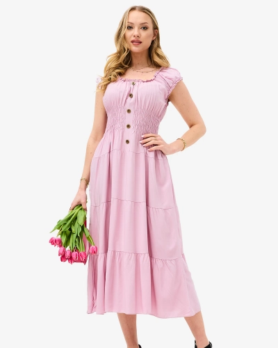 Purple long strapless women's dress with decorative buttons- Clothing