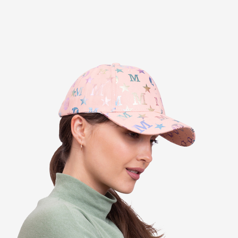 Pink women's cap with a visor and multicolored letters - Accessories