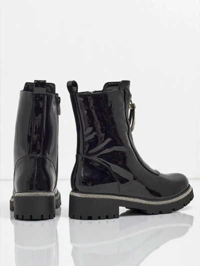 Lakierowane eko skórzane botki damskie z cyrkoniami Nuvina