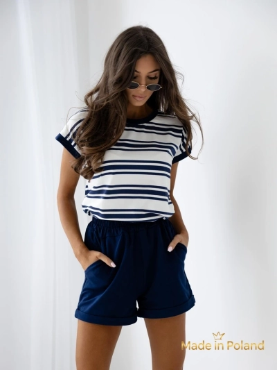 Royalfashion Cotton women's set with short sleeves and striped shorts