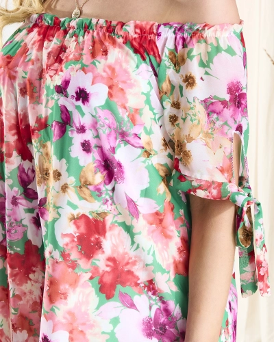 Zaļa sieviešu kleita a'la hiszpanka ar krāsainiem ziediem - Apģērbs