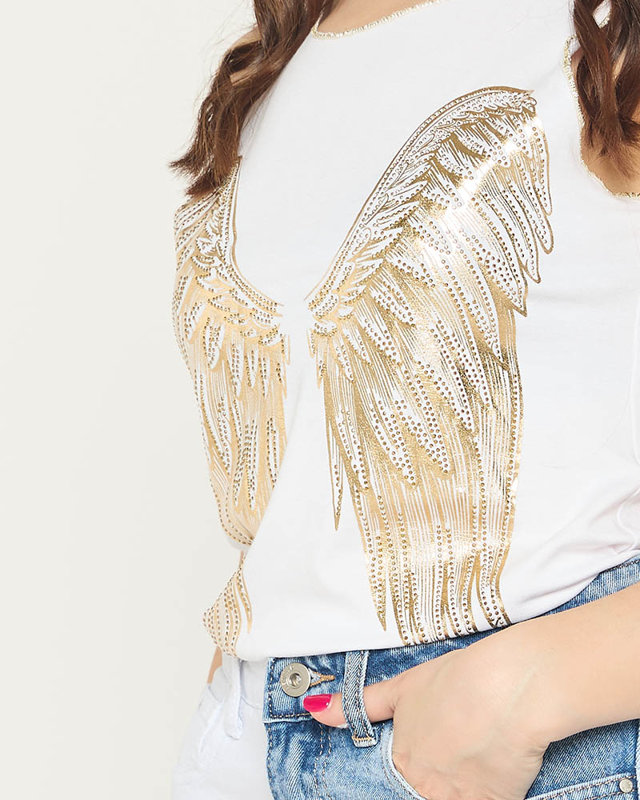Balts sieviešu tops ar zelta spārnu apdruku - Apģērbs